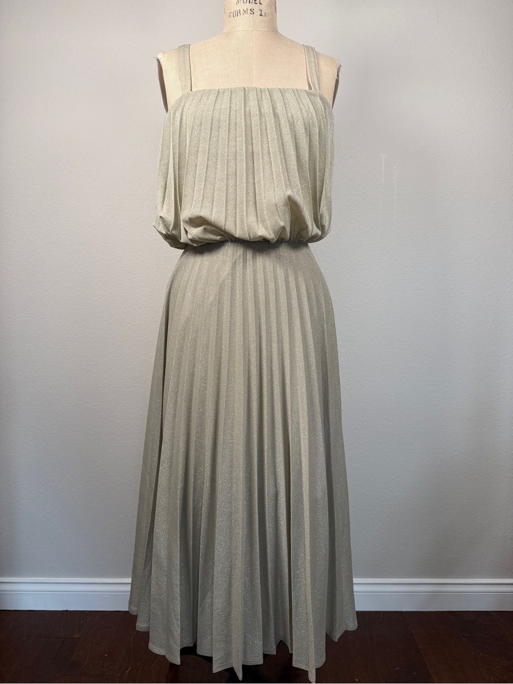 Massimo Dutti Gold Pleated Midi Dress